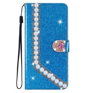 Etui Diamant Cristal pour Samsung Galaxy S5/S5 Neo, Fait Main, étincelant, avec Chaîne de Perles et Boutons d'amour, Portefeuille Pailleté, étui à Rabat en Cuir PU pour Samsung S5/S5 Neo, Bleu (Bolong, neuf)