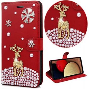 Glitter 3D Perles Sparkle Case pour Samsung Galaxy A05S Coque Rouge de Noël Strass Housse Wapiti Pochette en Cuir Back Etui Folio Couverture Protecteur Coquille pour Samsung Galaxy A05S (Bolong, neuf)