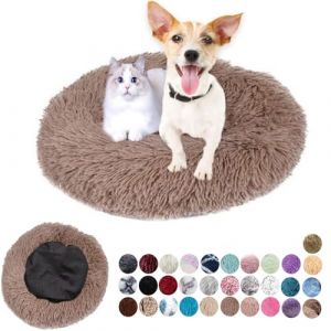 Panier Rond pour Chien Lit pour Chien Tissu Peluche Doux Panier Chien Coussin pour Chat Lavable Anti Dérapant Coussin Apaisant pour Chat Petit Moyen Taille Marron Beige 90cm (Mr Wu's shop, neuf)