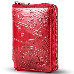 MATADOR Portefeuille Homme Femme Cuir Véritable avec Fermeture Eclair YKK en Métal | Portefeuille Zippé Grand Format avec Protection RFID certifiée TÜV et Boîte Cadeau | Porte Monnaie Fleurs Rouge (MATADOR LEDER "The German Brand", neuf)