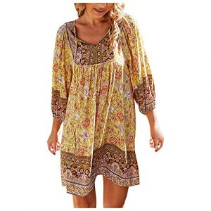 NNGOTD Robe Fluide Mi Longue Robe Longue Florale à col en V pour Femmes Robe Longue de Plage bohème sans Manches Jupe De Table Bleu Ceinture Large Femme pour Robe (BAULMD（90% Big Promotion Without Discount Code ）, neuf)