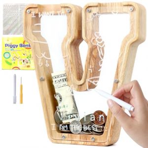 Lakpopya Tirelire en Bois pour Enfant Tirelire Cochon Personnalis&eacute;e de Lettres A &agrave; Z Tirelire Billet Transparente Cr&eacute;ative pour Cadeau D&eacute;coration Bapt&ecirc;me pour Fille Garcon (V) (Never fail, neuf)