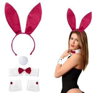 KSJEHW 5 Pièces Ensemble Déguisement de Lapin Serre-tête d`oreille de lapin+Cravate en forme de nœud papillon+Queue en Peluche Costume Enfant Adulte pour Cosplay Fête Carnaval Anniversaire(rouge) (wangwenqingouzhoudianpu, neuf)
