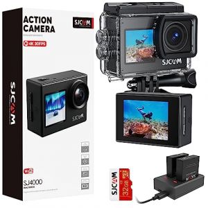 SJCAM Cam&eacute;ra Sport 4K avec Double &Eacute;cran, Cam&eacute;ra d'action Ultra HD EIS WiFi, Cam&eacute;ra sous Marine &Eacute;tanche &agrave; 30m 170&deg;FOV avec 2 Batterie Carte SD de 32G Kit d'Accessoires pour Plong&eacute;e V&eacute;lo (Noir) (AmazingCam, neuf)