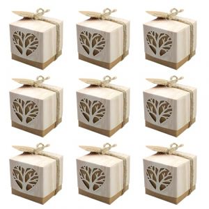 wocpvm 25Pcs Arbre De Vie Boite Dragees Bapteme boite a dragees mariage avec Corde de Chanvre et &Eacute;tiquette Boite Dragees Communion Forme de C&oelig;ur 5&times;5&times;5cm pour les anniversaires, No&euml;l, baby showers (Wocpvm, neuf)