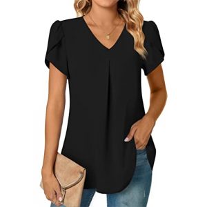 Tomwell Blouse Femme Été Chemisier en Mousseline de Soie a Chemisier Manches Courtes Col V Tunique Fluide T-Shirt Couleur Unie Blouse Casual Travail Femme Chic A Noir XXL (HSCS Group Inc., neuf)