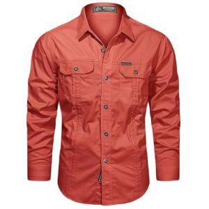 PADOLA Chemise Homme Manches Longues Slim Fit Coton Boutonnée Chemises avec Poches Col Rever Chemise de Travail Cargo Uni Chemisette Militaire Tactique Shirt Safari Habit (Rouge, S) (Chaos World Apparel, neuf)