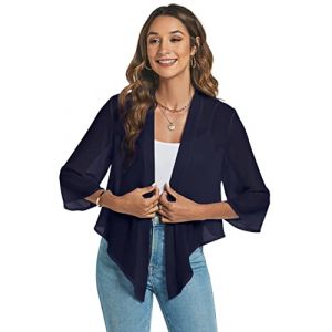 Famrrifuu Femme Bol&eacute;ro Court Gilet L&eacute;ger Manches 3/4 Bol&eacute;ro Cardigan &Eacute;l&eacute;gant Veste Courte Mousseline de Soie,Bleu,S (TengGD, neuf)