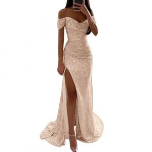 Robe &agrave; paillettes pour femme - Robe longue moulante et scintillante - Robe de soir&eacute;e tendance - Couleur unie - Robe de soir&eacute;e d&eacute;contract&eacute;e - Coupe ajust&eacute;e - Robe de cocktail, Or rose, S (Ofpgha, neuf)