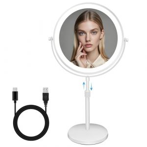 MEKOTRIN 8.7" Miroir Maquillage Grossissant 1X et 10X Double Face avec lumière LED Rechargeable, Miroir Coméstique Hauteur Réglable Pivote à 360° avec 3 Réglages de Couleur(Blanc) (Canterg, neuf)