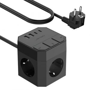 JSVER Multiprise Cube USB C avec Interrupteurs individuels,Multiprise avec 3 Prises et 2 Type C,2 USB A, Bloc Multiprises (3680W 16A) USB avec Cable 2m pour Smartphone Tablette- Noir (JsverDirect, neuf)