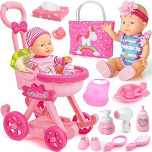 vamei Kit Accessoire Bebe pour Poupon, Accessoires Poupon avec Poupee & Poussette de Poupee & Sac à Main & Vêtements, Jouet Jeu de Rôle Anniversaire Cadeau Fille Enfant 2 3 4 5 6 Ans (Vamei EU, neuf)