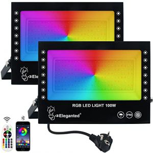 Eleganted 2pcs Projecteur LED Couleur 100W Projecteur LED RGB Exterieur avec L'APP Bluetooth & Télécommande IP66 Étanche Spot LED Floodlight pour Jardin Soirée Fête (GoldenSea02, neuf)