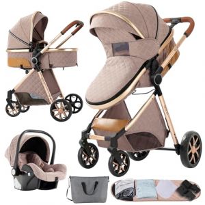 Nine point nine Poussette 3 en 1, Poussette Bebe avec Double Modes de Poussée Réversibles, Poussette Canne avec Grande Nacelle Confortable, Pousette avec Cadre Aluminium Haute Paysage (V9 Khaki) (Kaiwen baby products, neuf)