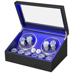 ANWBROAD Remontoir &agrave; Montre Ecrins pour Montres Automatiques pour 4 +6 Bo&icirc;te &agrave; Remontoir de Rangement Supersilencieux Luxueux Watch Winder LED L&eacute;g&egrave;re 4 Modes de Rotation (Fibre de carbone) (ANWBROAD, neuf)
