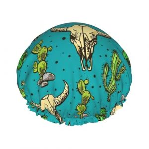 Joli bonnet de douche imprimé cactus et crâne de taureau – Bonnet de bain réutilisable, double couche, sangle élastique réglable, essentiel de voyage durable (miaojiabaihuo, neuf)