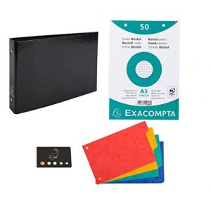Classeur Pour Fiches + 100 Fiches Bristol A5 Quadrill&eacute;es Perfor&eacute;es + 4 Intercalaires + 1 Index Adh&eacute;sif Blumie (Noir) (Blumie Shop, neuf)
