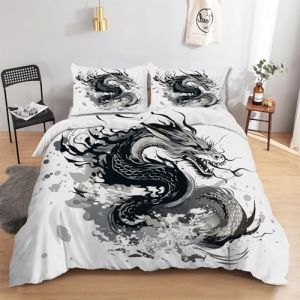 Housse de Couette 220x240 Dragon Noir Parure de Lit Japonais avec Fermeture Éclair, Housse Couette 2 Personnes Imprimée Art en Microfibre avec 2 Taie d'oreiller 65x65 cm (Huangxq, neuf)