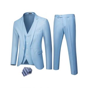 Hihawk Costume 3 pièces pour homme avec tissu extensible, coupe ajustée, ensemble blazer à un bouton, veste, gilet et pantalon avec cravate, bleu ciel, Taille XL (YULINBAIHUO, neuf)