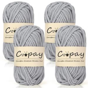 Coopay Lot de 4 pelotes de laine chenille épaisse pour crochet, 50 g chacune, super moelleuse, douce, pour couvertures, chapeaux, écharpes, chaussettes, sacs, gris clair (YutongTech, neuf)