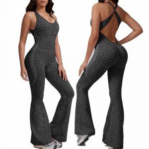 XDSP Combinaison Femme Sport Imprim&eacute; L&eacute;opard Sans Couture Dos Crois&eacute; Sans Manches Jumpsuit &Eacute;lastique Moulant Une Pi&egrave;ce Barboteuse pour Yoga Fitness Gym Tenue d'Entra&icirc;nement Sexy (HQZY-EUSTORE, neuf)