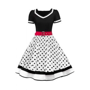 AXOE Femme Robe Vintage Année 50 Pin up Rockabilly Cocktail avec Ceinture Blanc et à Pois Noir, Taille 50, 4XL (AXOE-FR, neuf)