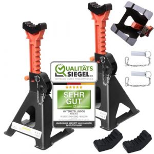 Melko Lot de 2 chandelles d'essieu 6 000 kg avec goupille de sécurité et 2 patins en caoutchouc pour cric de voiture Charge maximale 6 T Chandelles de support en fonte 9 niveaux Hauteur réglable 28 à (MELKO24, neuf)