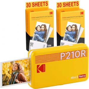 KODAK Pack Mini Imprimante P210 Retro 2 + Cartouche et Papier pour 60 Photos - Imprimante Connectée Bluetooth - Photos Format CB 5,3 x 8,6 cm - Batterie Lithium - Sublimation Thermique 4Pass (KLSCC, neuf)