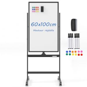 COSTWAY Tableau Blanc Effacable 60x100cm, Tableau Blanc sur Pieds Double Face, Hauteur Réglable sur 2 Positions, Tableau Magnetique Roulettes pour École, Bureau(60x100cm, Noir) (FDS GmbH, neuf)