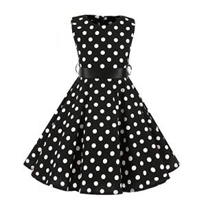 IWEMEK Robe C&eacute;r&eacute;monie Vintage Fille Enfant Rockabilly Ann&eacute;e 50/60 Retro &agrave; Pois Polka Dot Imprim&eacute; Floral Pin Up de Soir&eacute;e F&ecirc;te Cocktail No&euml;l Mariage A-Ligne Midi Noir 11-12 Ans (IWEMEK, neuf)