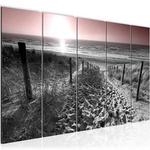 Runa Art Tableau mural XXL Plage Le Coucher Du Soleil 200 x 80 cm Gris Rose 5 Parties - 018455b (Runa Art GmbH, neuf)