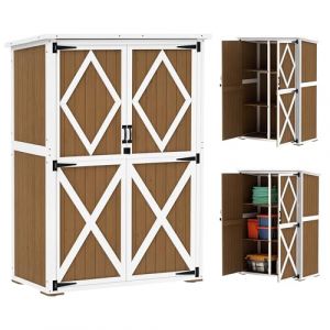 Outsunny Abri de Jardin 0,55 m² avec 2 étagères, 2 Portes verrouillables et Pieds réglables, abri pour Outils de Jardin en Bois d'épicéa et Toit en Bitume, 116,5x57x159/167 cm, Marron et Blanc (AOSOM, neuf)