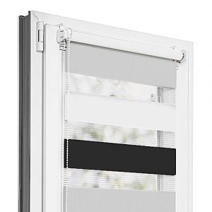 Estika Store Enrouleur Jour Nuit sans perçage - Noir-Blanc-Gris Clair - 45 x 220 cm - Store à enroulement, Double Tissu, pour fenêtres intérieures, Protection Contre Le Soleil (Estika, neuf)