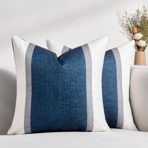Housse de Coussin 40x40 cm Coton et Lin Taie d'oreiller Bleu Marin Blanc Patchwork Double Face D&eacute;coratif Taie d'oreiller pour Canap&eacute;-lit Accueil Chaise Salon Canap&eacute; Housses de Coussin Lot de 2 (CozyHome Choice, neuf)