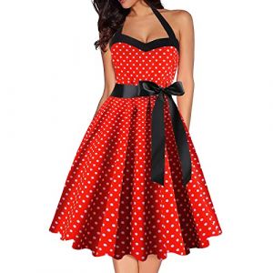Robe Vintage Ann&eacute;Es 50 Pin Up Femme &agrave; Pois Vintage R&eacute;tro Imprim&eacute;e &agrave; Pois Mi Longue El&eacute;gante Style 1950's Audrey Hepburn Robe de Soir&eacute;e Cocktail sans Manches Rockabilly Ann&eacute;e 50 Swing Pliss&eacute;e (Anglekie, neuf)
