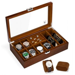 Slege Boîte à Montres en Bois 6 Emplacements,Coffret à Montres avec Couvercle en Verre,Organisateur de Rangement pour Montre,Boîte à Bijoux,Cadeau pour Homme Femme,pour Montre,Lunette de Soleil (Slege Humidor, neuf)