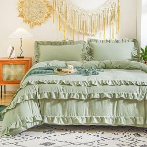 Sedefen Housse de Couette 240 x 260cm Vert Volants Romantique Parure de Lit Bohémien Microfibre Parure de Lit Ado Fille Adulte Housse Couette Avez 2 taie d'oreiller 65x65cm Avez Fermeture Éclair (ArvinBoutiques, neuf)