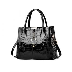 NICOLE & DORIS SAC Classique en Cuir Verni &Eacute;paule Bandouli&egrave;re L&eacute;ger Motif Croco Travail Noir (GUGGIARI S.R.L, neuf)