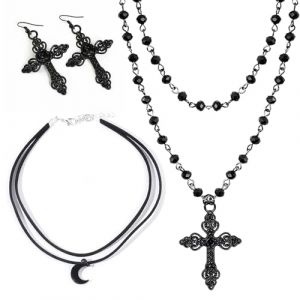 MLPKOI Gothique Noir Etoile Collier Noir Multicouche, Chapelet, Accessoire Y2k Mode Ras De Cou Femme Collier, Avec Pendentif En Forme De Croix Et Lune, Adapt&eacute; &agrave; Une Soir&eacute;E &agrave; Th&egrave;Me Gothique (HC ST, neuf)