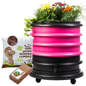 WormBox | Lombricomposteur 3 Plateaux Fushia + Jardinière + 250gr de vers de Compost + 1 Bloc Coco | 48 litres | Compostez Vos déchets organiques, Les vers de Terre/lombrics/lombricompost (Ferme du Moutta, neuf)