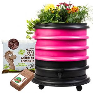 WORMbox | Lombricomposteur 3 Plateaux Fushia + Jardinière + 250gr de vers de Compost + 1 Bloc Coco | 48 litres | Compostez Vos déchets organiques, Les vers de Terre/lombrics/lombricompost (Ferme du Moutta, neuf)