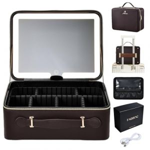 Malette Maquillage avec LED Grand Malette Esthetique Portable en Cuir PU Trousse Maquillage avec Miroir Lumineux Amovible Vanity Maquillage avec Support pour pinceaux de Maquillage, Marron foncé (sxadesa, neuf)