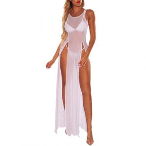 Robe Sexy en Maille Transparent avec Ouverture Haute Robe Longue pour Bikini Cover Up pour Couvrir Bikini Tops Rouge V&ecirc;tements De Plage Maillot de Bain pour Femmes,Taille Unique (Blanc) (xiekedihaowu, neuf)