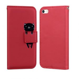 Nokverzy Coque pour iPhone se 2016/5s/5 &Eacute;tui Housse Portefeuille Clapet Chat Motif Porte Carte Magn&eacute;tique Protection Pochette &Eacute;tui Rabat T&eacute;l&eacute;phone Portable pour iPhone se 2016/5s/5 Bracelet Rouge (annuo, neuf)