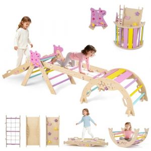 GOPLUS 9 en 1 Triangle Escalade Montesorri pour Enfants 1 Ans+, Parcours Montesorri Bebe Bois Pliable avec Arche, Rampe, Corde&&Eacute;chelle, Pont, Aire de Jeux Int&eacute;rieur (Licorne|9 en 1,Violet) (Augenstern24, neuf)