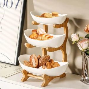 HUOLE Corbeille a Fruits C&eacute;ramique avec Support en Bois r&eacute;sistant, Plateaux de Service pour G&acirc;teaux Fruits Dessert, Bambou Support &agrave; Panier de Fruits, D&eacute;coration Coupe de Fruit-14 * 22,5 * 32cm-Blanc (Hechheu, neuf)