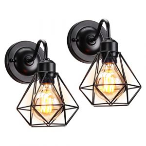 iDEGU Lot de 2 Appliques Murales Intérieures Design Industriel Luminaire Abat-jour de Diamant Cage en Métal Noir 16CM Vintage Lampe Murale pour Salon Chambre Cuisine Couloir Café (2 Pièces, Noir) (IDEGU, neuf)