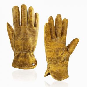 OLSON DEEPAK Gants de travail rétro en cuir marron pour coupe/moto/ferme, gants de travail en cuir de vachette avec effet décoloré pour hommes (jaune-01, L) (OLSON GLOVE, neuf)