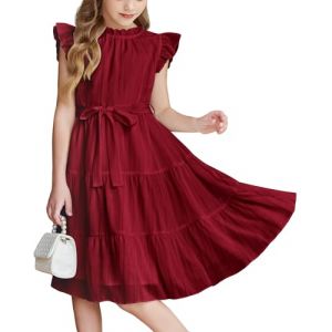 Arshiner Robe Rouge pour Fille Col Rond en Mousseline Soie Robe sans Manches Jolie Robe pour Enfant Robe Soir&eacute;e Robe Carnaval Robe D&eacute;contract&eacute;e avec Ceinture 9-10 Ans (Arshiner Store, neuf)