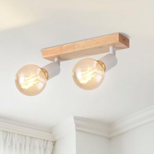 LVWIT Plafonnier 2 Spots LED E27, Luminaires Intérieur Blanc, Plafonnier Bois avec Base Rectangulaire, Applique Murale Chambre, Lustre Cuisine(Sans Ampoules) (LED MALL, neuf)